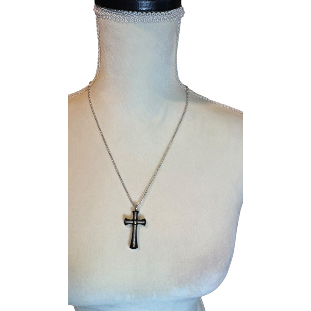Women's Silver & Black Cross Necklace, One Size